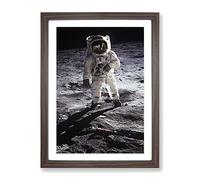 Buzz Aldrin Moon Landing Space Modern Framed Wall Art Print, Ready to Hang Picture for Living Room Bedroom Home Office Décor, Walnut A4 (34 x 25 cm)