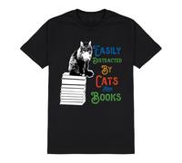 buzz shirts Easily Distracted by Cats and Books T-Shirt, Mens Womens Unisex Fit Made from Organic Cotton Black