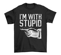 buzz shirts I'm with Stupid, Finger Pointing Left, Mens or Womens Novelty Slogan Unisex T-Shirt, Premium Organic Cotton Black