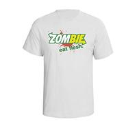 buzz shirts Zombie Eat Flesh, Mens or Women's Novelty Spoof Slogan Organic Cotton T-Shirt White