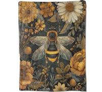 Buzzing Bee Floral Throw Blanket, Vintage Flower Bumblebee Blankets for Bedroom Living Room Couch Decor, Fuzzy Cozy Soft Lightweight Throws, for Nature Lover Women Girl, 50x60 in