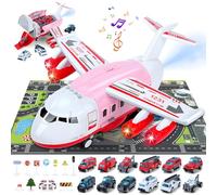 BuzzoXerex Airplane Toy Transport, Cargo Airplane with Lights and Sound, Aircraft Carrier Kit with 12 Pieces Small Construction Car, Gifts for Boys and Girls 5 6 7 8 Years Old (Red)