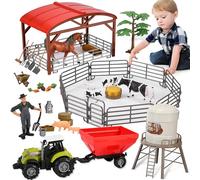 BuzzoXerex Animal Farm Toy, Tractor Play Set with Trailer, Barn, Fences, Horse Stable, Animal Figures, Farmer and 20+ Farm Accessories, Farm Learning Toy for Children from 2 3 4 5 6 Years