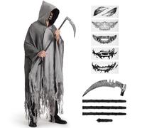 BuzzoXerex Grim Reaper Costume Men's Ghost Costume Adult Halloween Cape with Hood Ripped Robe with Hood with Scythes & Horror Tattoo Sticker for Halloween Carnival (Grey)