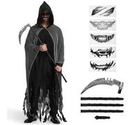 BuzzoXerex Grim Reaper Costume Men's Ghost Costume Adult Halloween Cape with Hood Ripped Robe with Hood with Scythes & Horror Tattoo Sticker for Halloween Carnival (Black)