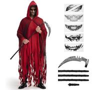 BuzzoXerex Grim Reaper Costume Men's Ghost Costume Adult Halloween Cape with Hood Ripped Robe with Hood with Scythes & Horror Tattoo Sticker for Halloween Carnival (Red)