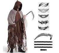 BuzzoXerex Grim Reaper Costume Men's Ghost Costume Adult Halloween Cape with Hood Ripped Robe with Hood with Scythes & Horror Tattoo Sticker for Halloween Carnival (Brown)