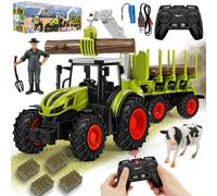 BuzzoXerex RC Tractor with Trailer and Light, 1:16 Scale, 2.4 GHz, Includes Tree Trunks, Cow, Hay Bales - Gift for Kids 3-6 Years