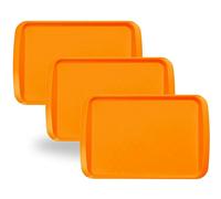 BuzzTrove Serving Trays | Durable Plastic Tea Tray & Dinner Tray | Trays for Eating on Lap, Food Serving & Snacks | Dishwasher Safe, Stackable (Orange, Pack of 3 (43.3 x 30.5 x 3 cm))