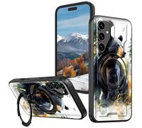 BVCLKJPOI Magnetic Compatible Case for Samsung Galaxy A15 5G/4G 6.5", 360° Invisible Ring Stand, Anti-Drop Anti-Fingerprint Matte Finish, Hybrid PC+TPU Shockproof Phone Cover, Black Bear Nature