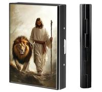 BVCLKJPOI Metal Credit Card Holder Wallet, 6 Card Slots RFID Blocking Stainless Steel Wallet, Slim Metal Credit Card Wallet, with Reliable Press Button Metal Wallet for Women Men, A12, Jesus With Lion