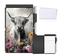 BVCLKJPOI Metal Pocket Notebook Set with Pen, Refillable Aluminum Flip Mini Notepad Holder, Portable Small Journal for Office, Travel, Daily Notes, Floral Highland Cow