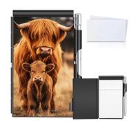 BVCLKJPOI Metal Pocket Notebook Set with Pen, Refillable Aluminum Flip Mini Notepad Holder, Portable Small Journal for Office, Travel, Daily Notes, Cute Highland Cow