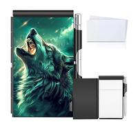 BVCLKJPOI Metal Pocket Notebook Set with Pen, Refillable Aluminum Flip Mini Notepad Holder, Portable Small Journal for Office, Travel, Daily Notes, Wolf Howl