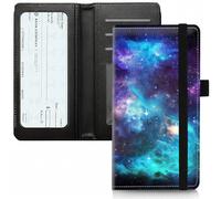BVCLKJPOI PU Leather Checkbook Cover for Personal & Duplicate Checks, Slim RFID Blocking Checkbook Wallet with Card Slots, Elastic Strap Checkbook Holder Stylish Wallet for Men & Women, Purple Galaxy