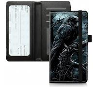 BVCLKJPOI PU Leather Checkbook Cover for Personal & Duplicate Checks, Slim RFID Blocking Checkbook Wallet with Card Slots, Elastic Strap Checkbook Holder Stylish Wallet for Men & Women, A3, Raven Dark