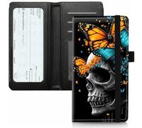 BVCLKJPOI PU Leather Checkbook Cover for Personal & Duplicate Checks, Slim RFID Blocking Checkbook Wallet with Card Slots, Elastic Strap Checkbook Holder Stylish Wallet for Men & Women, A3, Skull
