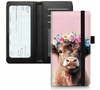 BVCLKJPOI PU Leather Checkbook Cover for Personal & Duplicate Checks, Slim RFID Blocking Checkbook Wallet with Card Slots, Elastic Strap Checkbook Holder Stylish Wallet for Men & Women, Flower Cow