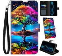 BVCLKJPOI PU Leather Wallet Case for ZTE Nubia Red Magic 11 Pro / 11 Pro+ with Wrist Strap, RFID Card Holder Folio Cover with Magnetic Clasp & Kickstand Case for Red Magic 11 Pro Plus, Rainbow Tree