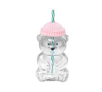 Bvdfgk Bear-Shaped Tumbler, Drinking Glass, Creative Beverage Bottle, Transparent, 560ml, Empty Juice Bottle for Parties, Pink