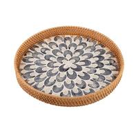 Bvdfgk Round Rattan Serving Tray, Round Rattan Tray with Mother of Pearl, Table Decorative Wicker Basket with Wooden Base for Storing, Displaying of Coffee Bread Food Fruit - 13.78 Inches
