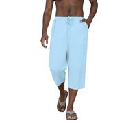 BVEBJDX Cotton Linen Cropped Trousers Mens UK, Man 3/4 Length Trousers Solid Color Capri Pants Summer Holiday Beach Yoga Joggers Casual Drawstring Sweatpants Elasticated Waist Pants with Pockets Blue