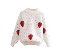 BVEBJDX Girls Strawberry Sweater Basic Long Sleeve Pullover Kids Knit Sweatshirt Crew Neck School Jumpers Striped Warm Knitted Tops Fleece Jumper Cute Christmas Sweaters Winter Casual Knitwear