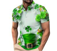 BVEBJDX Men's Shamrock Printed Polos Shirts Short Sleeve Golf Shirt Plus Size St. Patrick's Day T Shirts Casual Button Up Lapel Blouse Irish Tshirts Lucky Green Tunic Tops St Paddys Day Outfit
