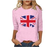BVEBJDX Union Jack T-Shirt Womens UK Round Neck 3/4 Sleeve T Shirts Union Jack Flags Printed Tshirt Union Jack Top British Holiday Clothes Ladies British Flags Tops for Women Union Jack T-Shirts Pink