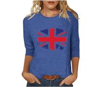 BVEBJDX Union Jack T-Shirt Womens UK Round Neck 3/4 Sleeve T Shirts Union Jack Flags Printed Tshirt Union Jack Top British Holiday Clothes Ladies British Flags Tops for Women Union Jack T-Shirts Blue