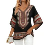 BVEBJDX Womens African Dashiki T Shirt Boho Print Blouses V Neck Loose Fit Tops 3/4 Flared Sleeve Tshirt Vintage Elegant Blouse Festival Traditional T-Shirts Holiday Beach Summer Wear Black