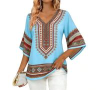 BVEBJDX Womens African Dashiki T Shirt Boho Print Blouses V Neck Loose Fit Tops 3/4 Flared Sleeve Tshirt Vintage Elegant Blouse Festival Traditional T-Shirts Holiday Beach Summer Wear Light Blue