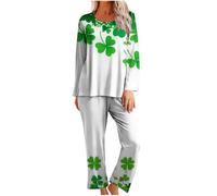 BVEBJDX Women's St. Patrick's Day Pajamas Set Irish Clover Loungewear Shamrock Printed Long Sleeve Tops Pyjamas Pants Holiday Pjs Sleepwear Ireland Pajama Sets Novelty Nightwear for Ladies 2 Pcs
