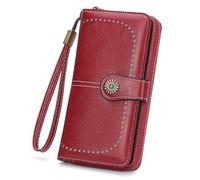 BVEOGMRO Wallets for Women Leather Credit Card Holder with RFID Blocking Holder Bifold Wristlet Clutch Wallet, Wine Red, 7.68" x 4.13" x 1.38" in