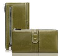 BVEOGMRO Women's Wallet Bifold Ladies Credit Card Holder 2 Zipper Pockets RFID Blocking Leather, Grass Green, 7.68" x 4.14" x 1.18" in