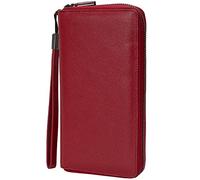 Bveyzi RFID Blocking Purses for Women Real Leather Zip Around Large Travel Mobile Phone Ladies Long Money Purses Wallet, 17 Card Slots (Wine Red)