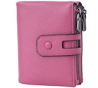 Bveyzi Small Soft Leather Wallet for Women RFID Blocking Ladies Card Holder with Double Zipper Pocket, Dark Pink, S