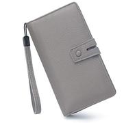 Bveyzi Women's Big Fat Rfid Leather Wristlet Wallet Organizer Large Phone Checkbook Holder with Zipper Pocket, Grey, L, Rfid Wallet