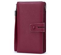 Bveyzi Women's Big Fat RFID Leather Wristlet Wallet Organizer Large Phone Checkbook Holder with Zipper Pocket - red - Large