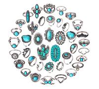 BVGA 40 Pcs Vintage Turquoise Rings for Women Bohemian Silver Oval Gemstone Rings Western Rings Boho Joint Knuckle Rings Midi Stacking Rings Set for Girls Gifts , alloy, Turquoise