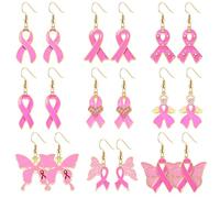 BVGA 9 Pairs Breast Cancer Awareness Earrings Pink Ribbon Drop Dangle Earrings for Women Breast Cancer Survivor Support Jewelry Accessories Gifts, Zinc, No Gemstone