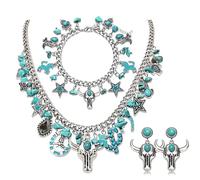 BVGA Western Jewelry for Women Boho Vintage Turquoise Cowgirl Necklace Bracelet Earrings Western Cowgirl Accessories Country Vintage Outfits Party Favors Gifts, Metal, No Gemstone