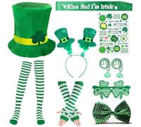 BVI BOOMERVIVI St. Patrick's Day Party Costume Suit, 10 Piece Includes Hat, Gloves, Socks, Headband, Glasses, Tie, 2 Necklaces, Banner, Stickers, Costume for Parties, Celebrations (Green-10 Piece)
