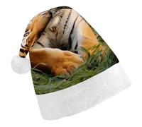 BVKWNTSA Christmas Santa Hat Set Peoples Festive Tiger Laying on The Grass Printed Xmas Hat for Holiday Party, Family Gathering, Christmas Decoration
