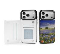 BVKWNTSA Compatible with iPhone 17 Case, Texas Bluebonnets Scenery Printed Women PU Leather Shockproof Protective Folio Flip Cover with Card Holder Kickstand