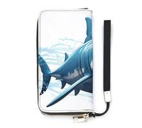 BVKWNTSA Fashionable Large-Capacity Blue Shark Printed Leather Wallet Vertical, Internal Multi-Compartment Design - Meet Your Diverse Travel Needs