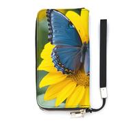 BVKWNTSA Fashionable Large-Capacity Sunflower Blue Butterfly Printed Leather Wallet Vertical, Internal Multi-Compartment Design - Meet Your Diverse Travel Needs