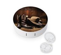 BVKWNTSA Portable Round Cowboy Black Hat Western Boots Printed Contact Lens Case is Stylish and Compact, Easy to Carry and Protects Lenses.