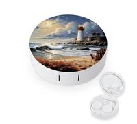 BVKWNTSA Portable Round Sea Lighthouse Sandbeach Printed Contact Lens Case is Stylish and Compact, Easy to Carry and Protects Lenses.