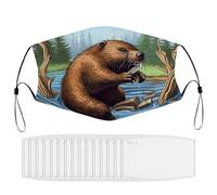 BVKWNTSA Reusable Respirator Face Mask with Filter - Busy Beaver Cartoon Printed Breathable Cotton Dust/Paint Safety Cover, Adjustable Ear Straps & Nose Wire